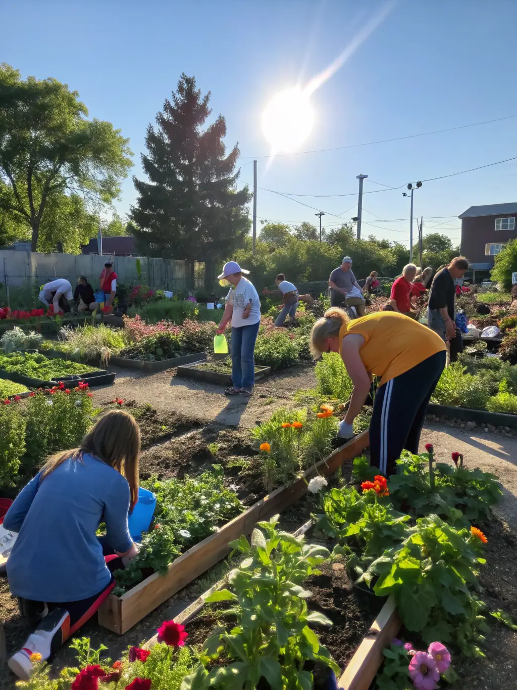 A group of diverse community members laughing and working together on a community garden project, showcasing collaboration and shared purpose within Foyer Rural.