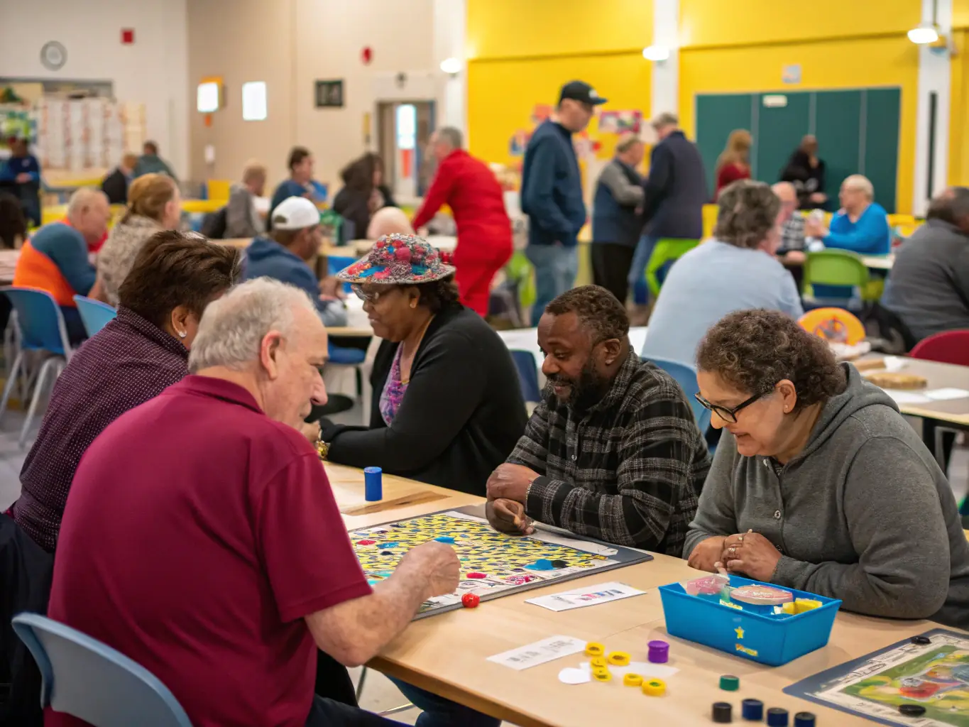 A captivating image of adults and children engaged in a socio-educational workshop at FOYER RURAL, focusing on learning new skills and fostering community connections, set in a bright and welcoming community center.