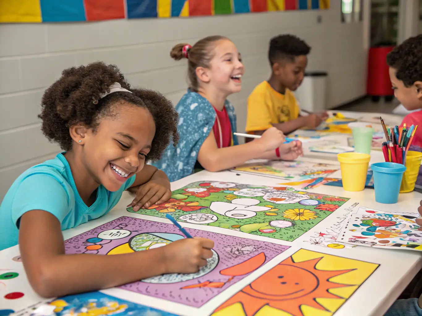 A vibrant image showcasing a group of children participating in an arts and crafts workshop at FOYER RURAL, with colorful artwork and enthusiastic expressions.