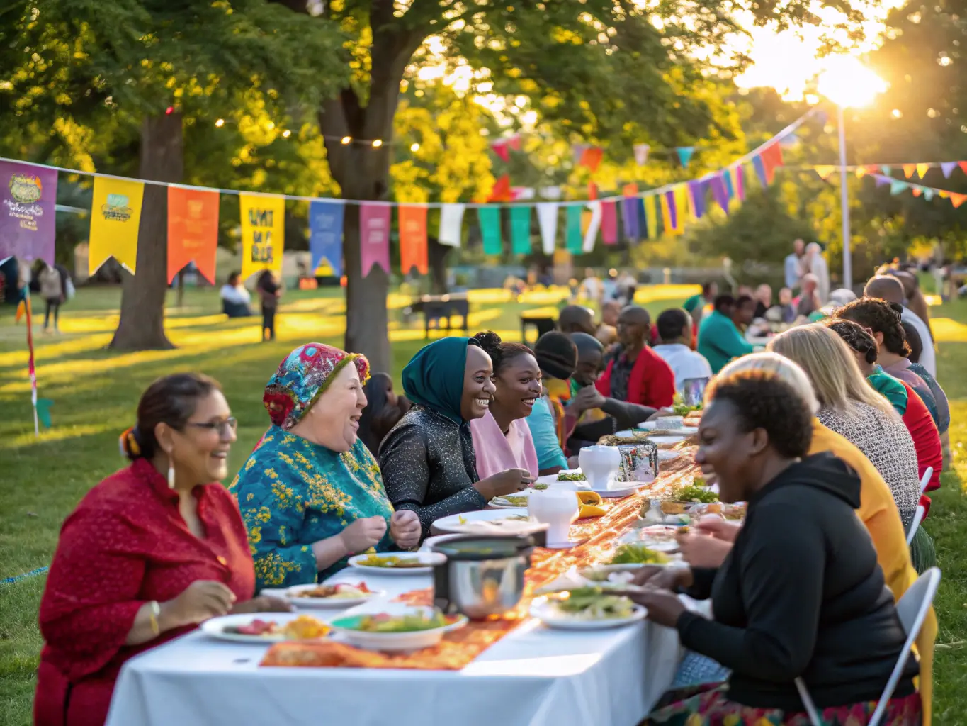 A heartwarming image of community members of all ages gathered at a FOYER RURAL event, enjoying food, music, and conversation, emphasizing the organization's role in fostering social connections.