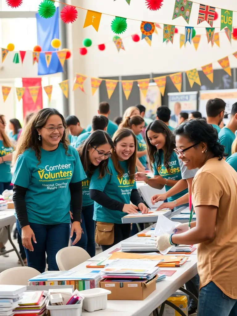 A photo of volunteers setting up for a Foyer Rural community event, emphasizing the opportunity to contribute to local vitality and make a difference.