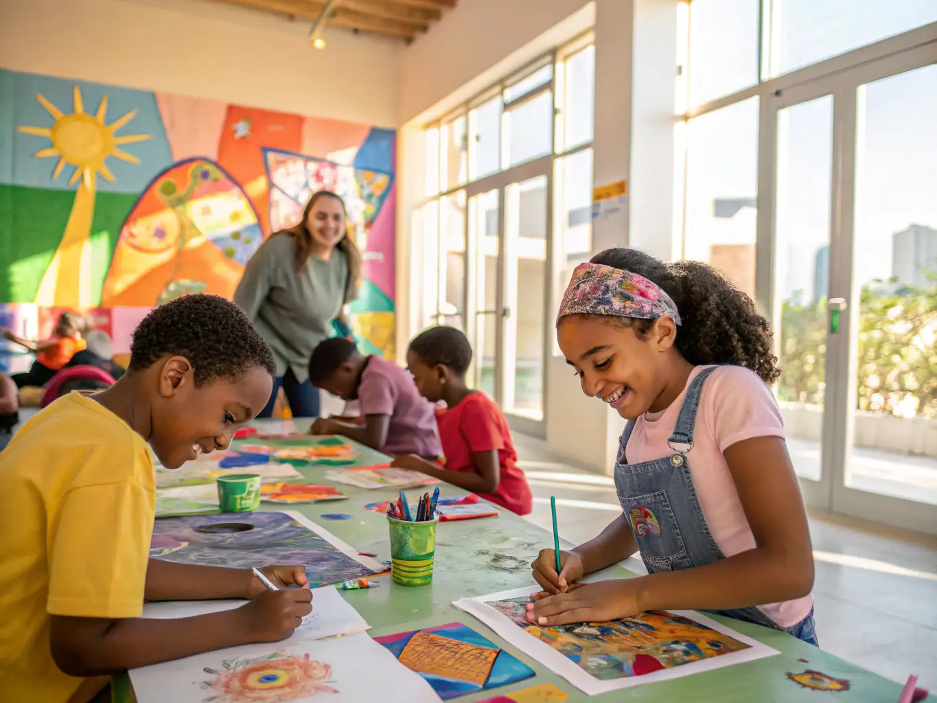 A vibrant photograph capturing a group of children participating in an arts and crafts workshop at FOYER RURAL, showcasing their creativity and engagement.