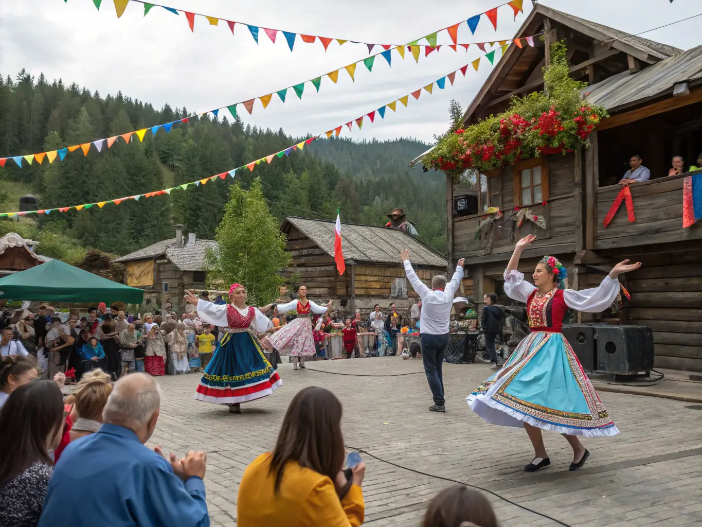 A photograph of community members gathered at a cultural event organized by FOYER RURAL, featuring traditional music, dance, and local cuisine.