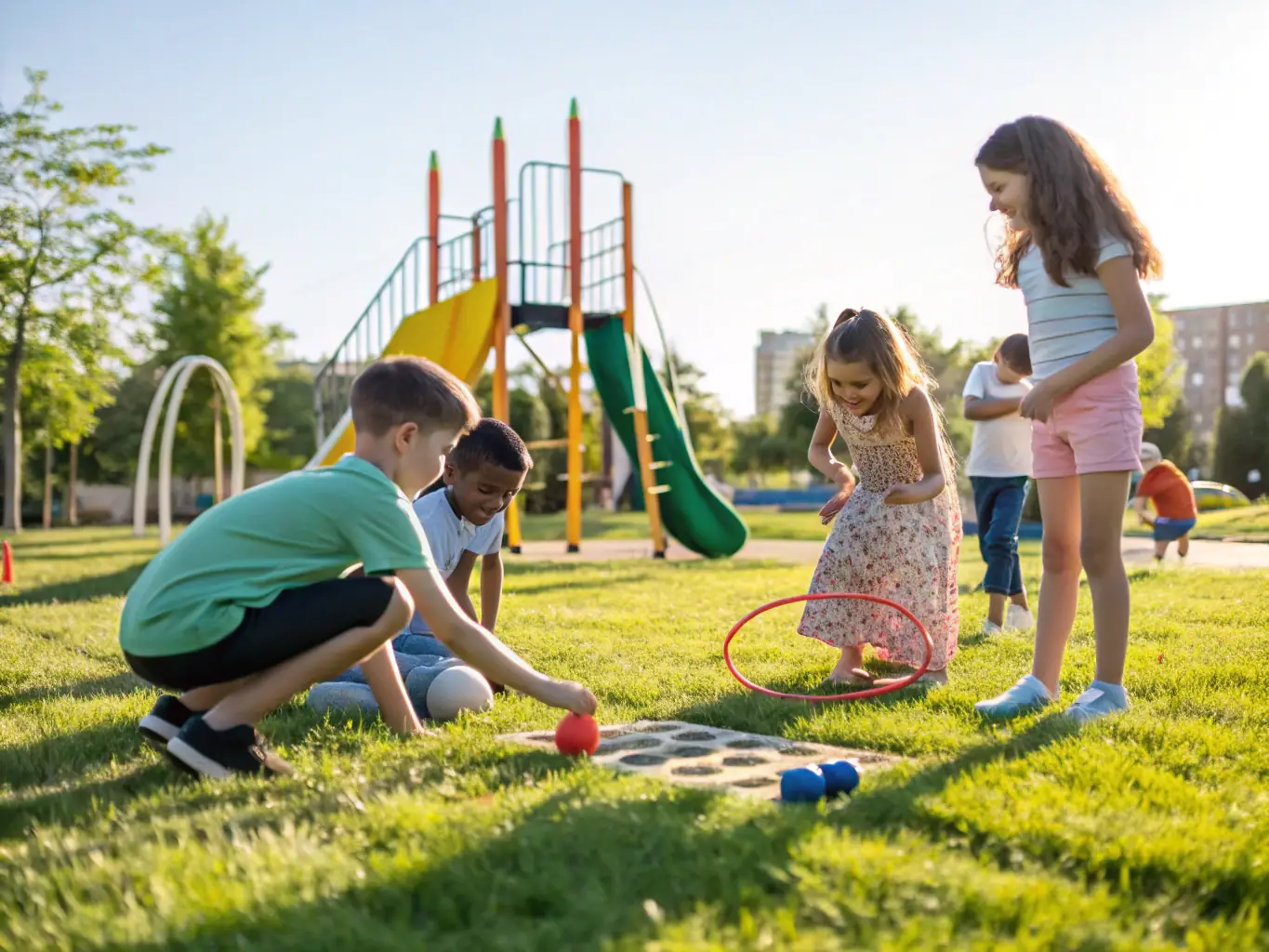 A vibrant image showcasing children participating in a sports activity organized by FOYER RURAL, with enthusiastic expressions and dynamic movement, set against a backdrop of a sunny day in a local park.